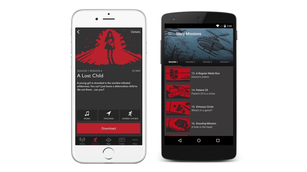 Images from the Zombies, Run! app shown on two mobile screens.
